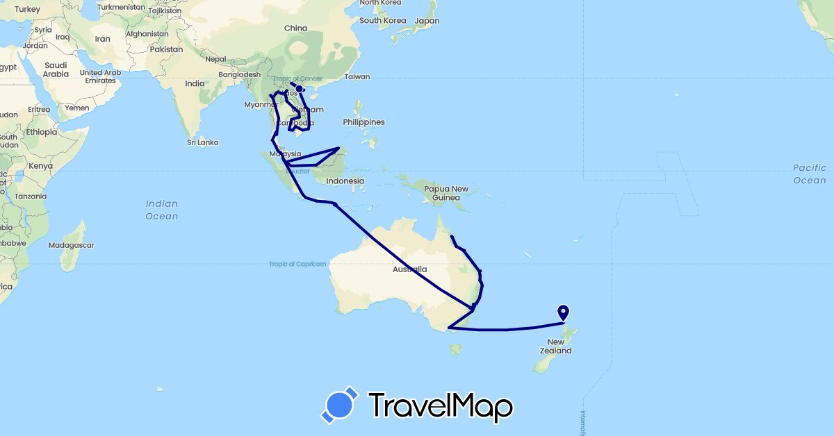 TravelMap itinerary: driving in Australia, Brunei, Indonesia, Cambodia, Laos, Malaysia, Singapore, Thailand, Vietnam (Asia, Oceania)